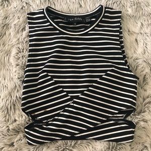 Black / White Striped Crop Top with Cut Detailing